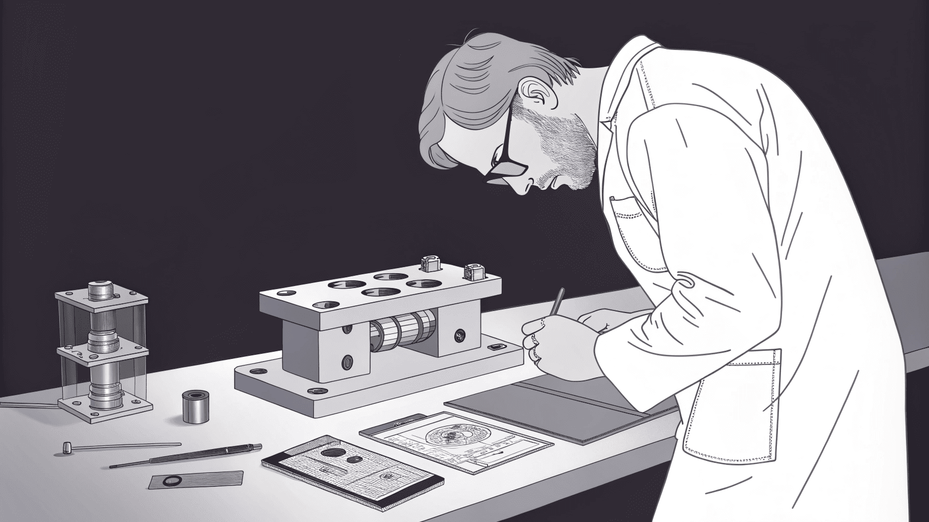 An engineer inspecting a high-precision scale component.