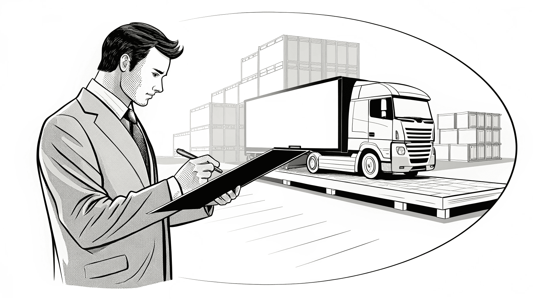 A manager reviewing shipping documents next to a truck scale