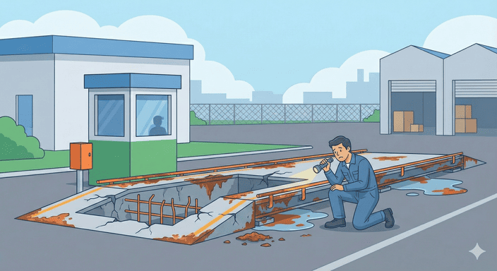 A corroded truck scale foundation needing repair