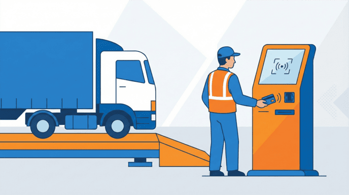 Driver using an RFID kiosk at a truck scale