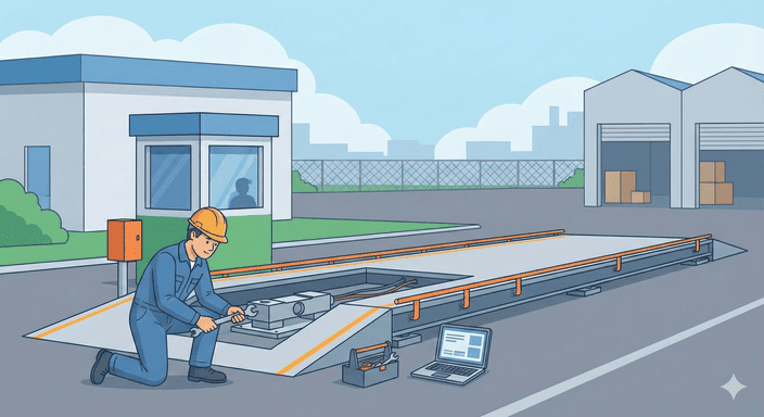 Technician performing proactive maintenance on a truck scale load cell