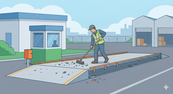 Truck scale operator inspecting the deck for debris