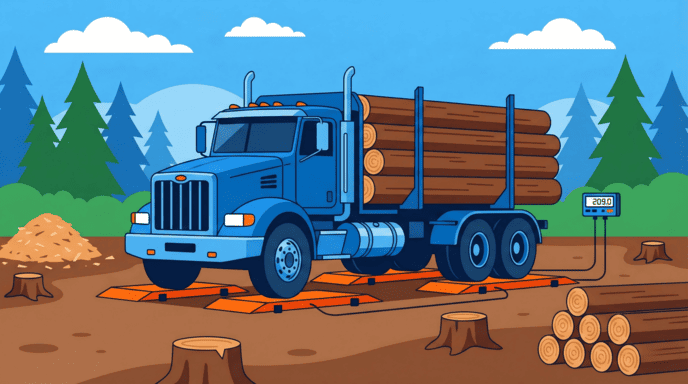 truck being weighed on portable scales at a temporary logging site