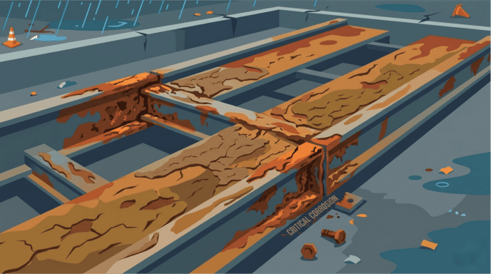 rust and mud damage on truck scale steel beams