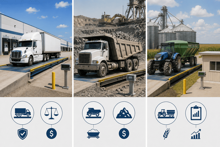 Collage of images showing truck scales in different industries: logistics, mining, agriculture