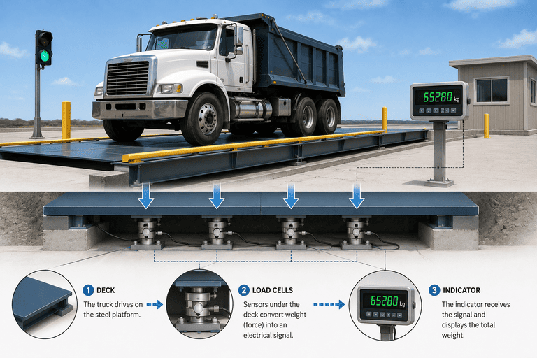 Diagram showing the components of a truck scale: deck, load cells, indicator