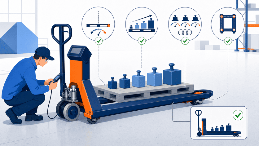 Pallet jack scale performance testing pallet jack scale calibration repeatability and off-center-load testing