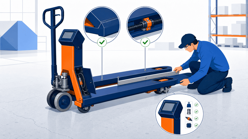 Pallet jack scale construction inspection pallet jack scale fork weld load cell and wiring inspection