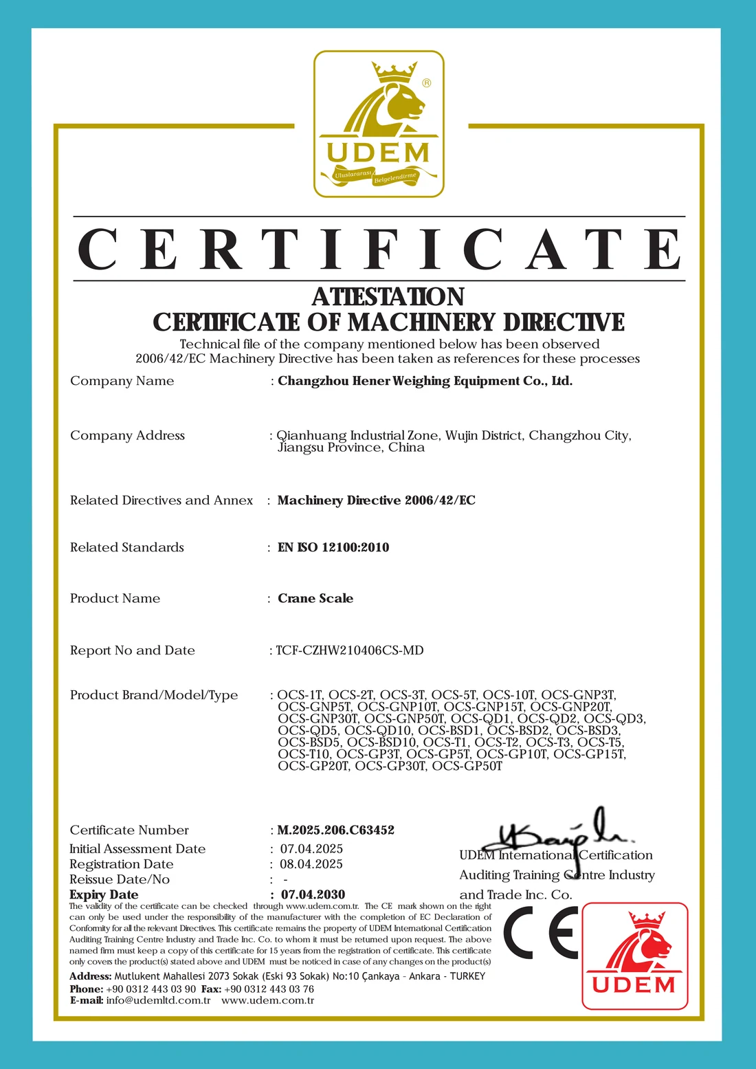 UDEM Crane Scale certificate M.2025.206.C63452, expiry 07 Apr 2030