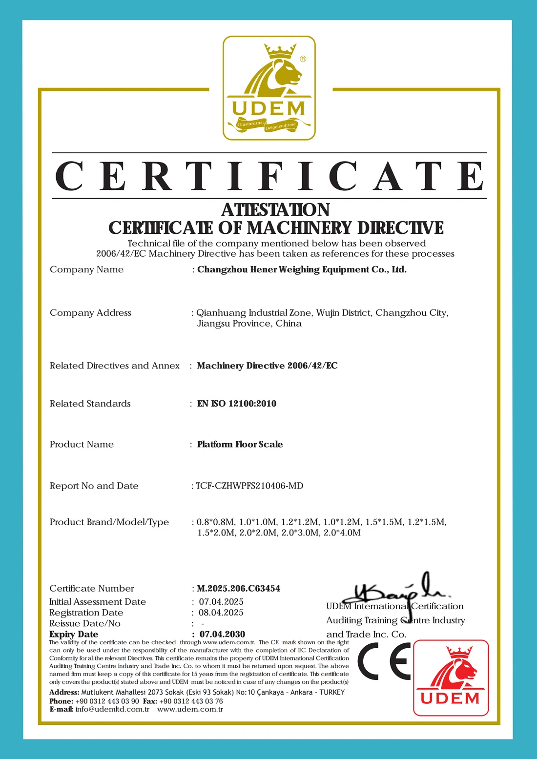 UDEM Platform Floor Scale certificate M.2025.206.C63454, expiry 07 Apr 2030