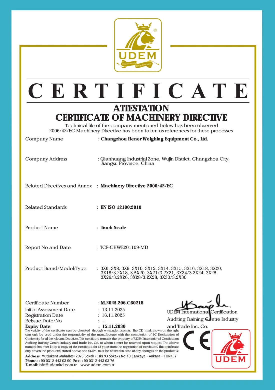 UDEM Truck Scale certificate M.2025.206.C60218, expiry 15 Nov 2030