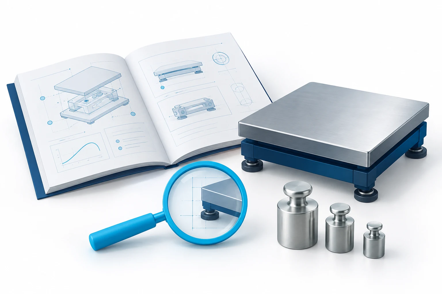 Stylized weighing handbook, small scale and magnifying lens