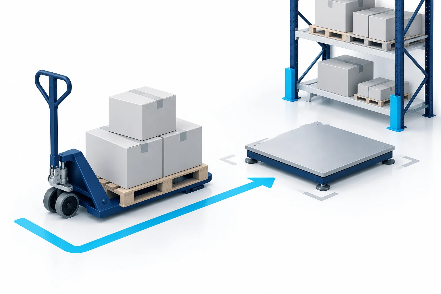 Stylized pallet handling and platform weighing illustration