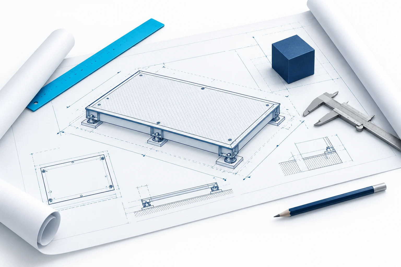 Stylized technical plan, measuring tools and load sample for scale selection