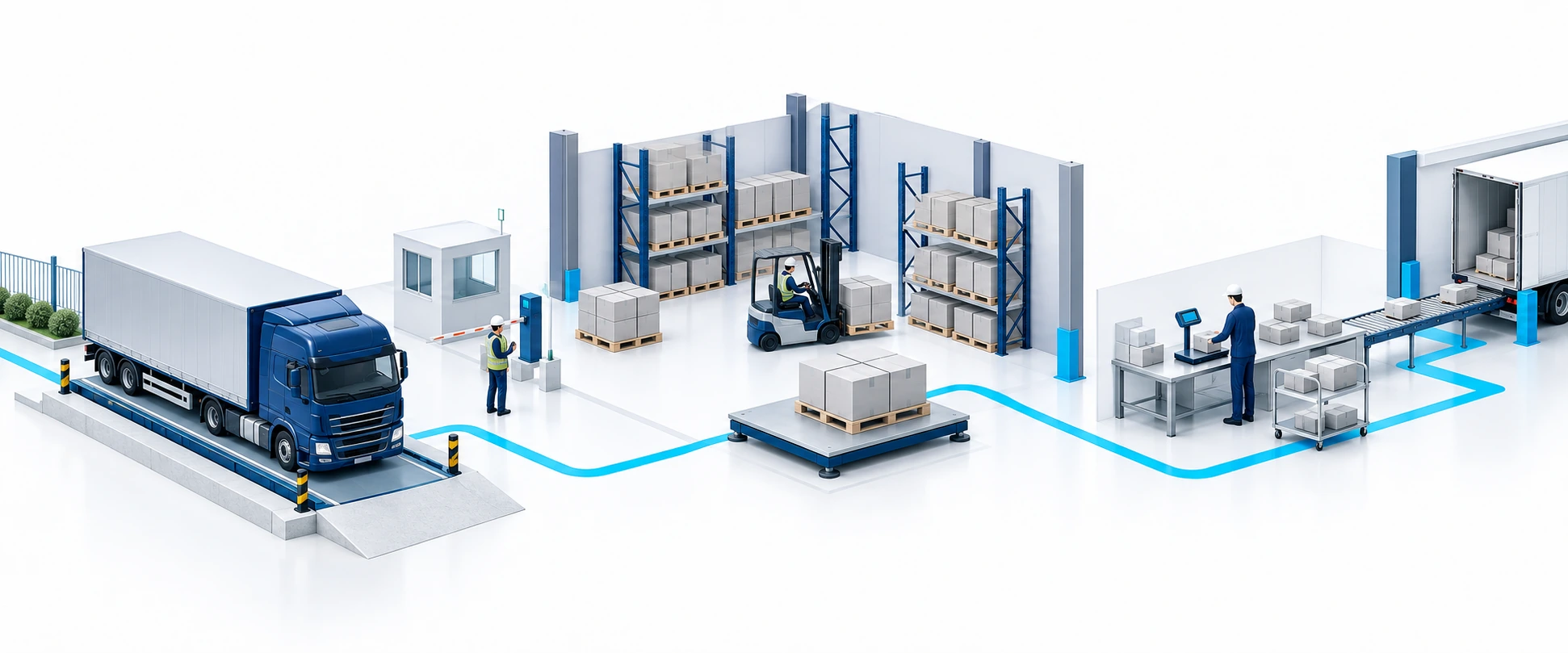 Conceptual illustration linking vehicle weighing, warehouse handling and workstation weighing across one operation