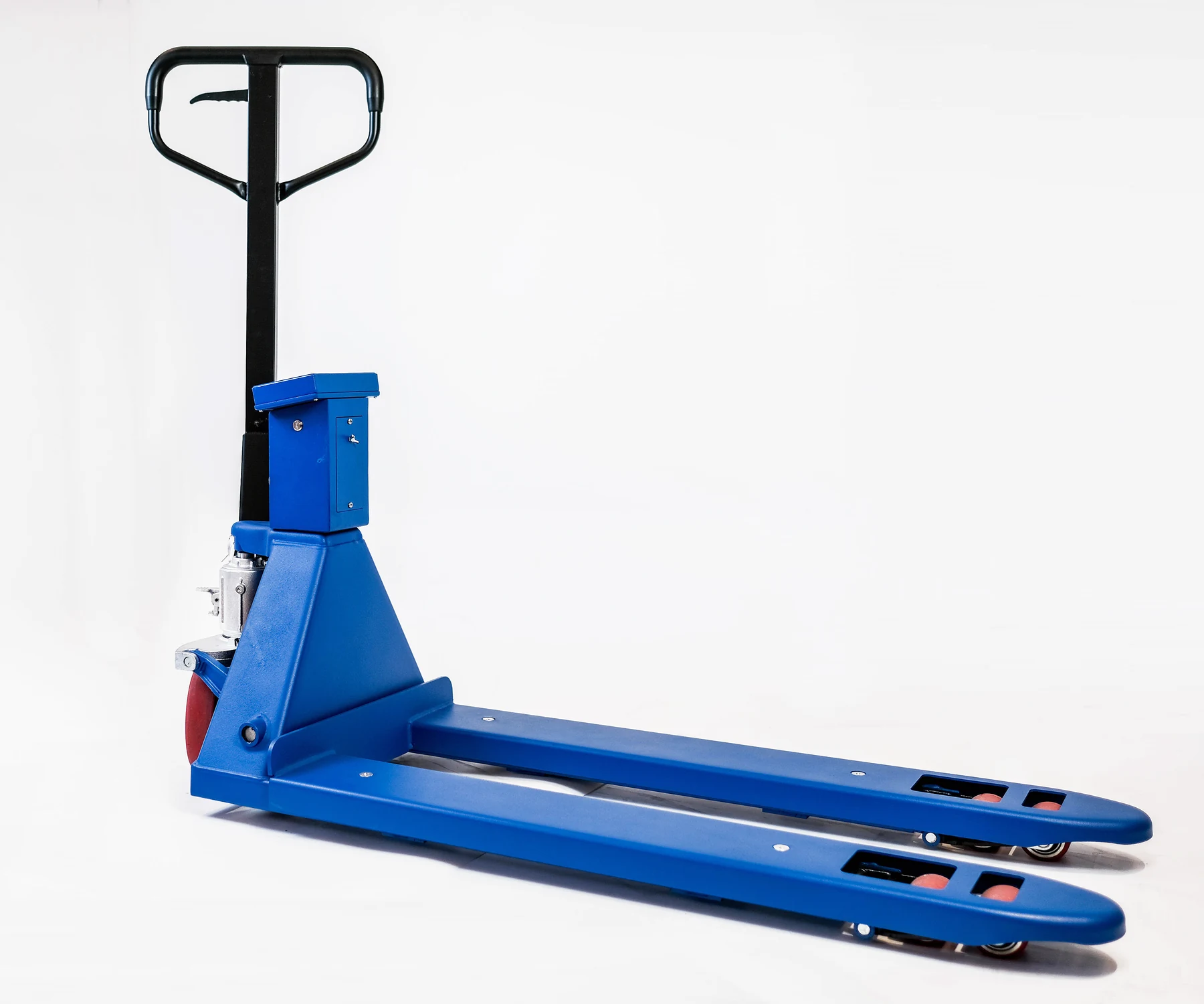 Blue HENER pallet truck scale on a white studio background