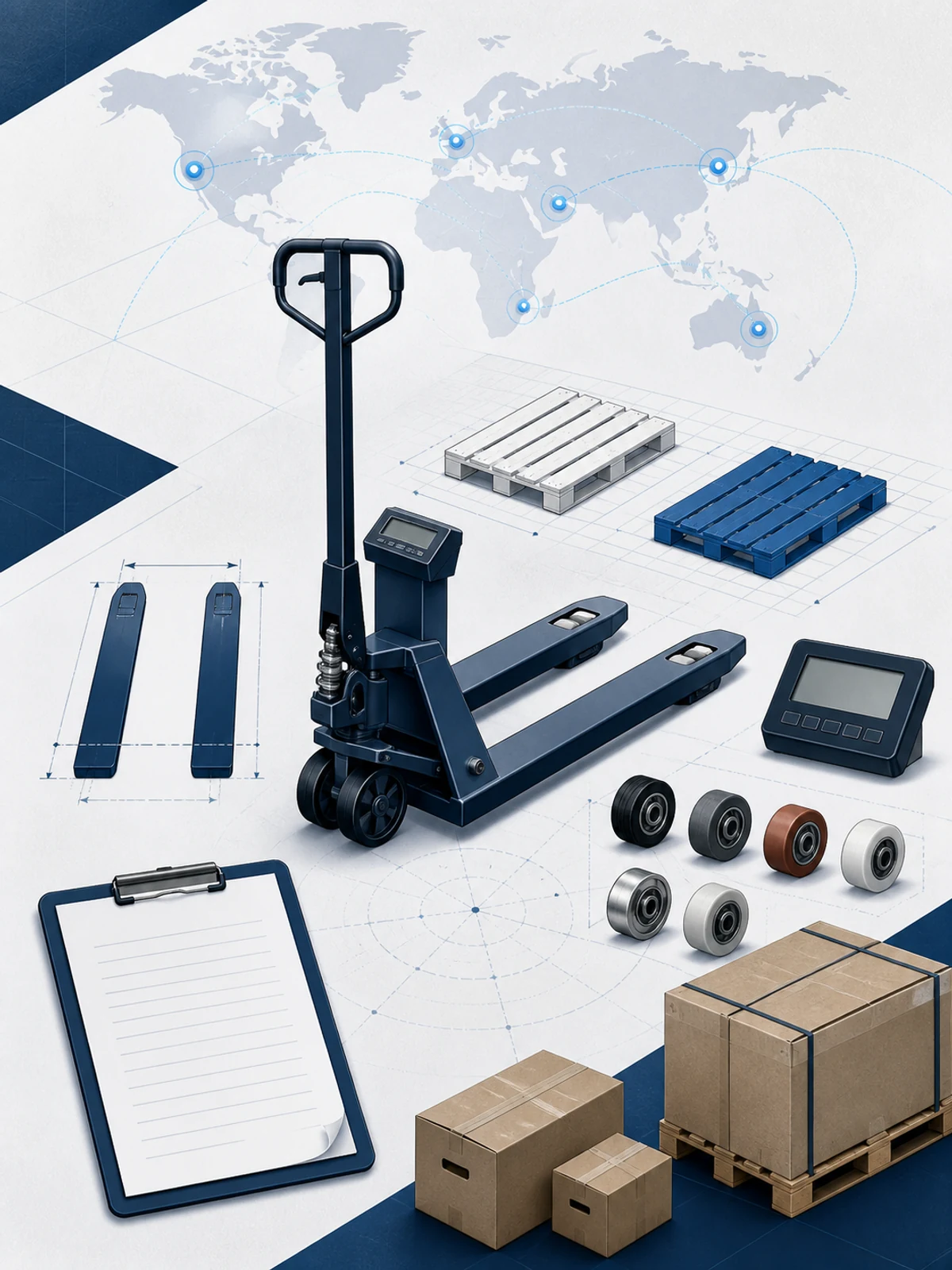 Editorial buyer-planning illustration showing pallet types, fork geometry, wheels, indicator, packing, and global destinations