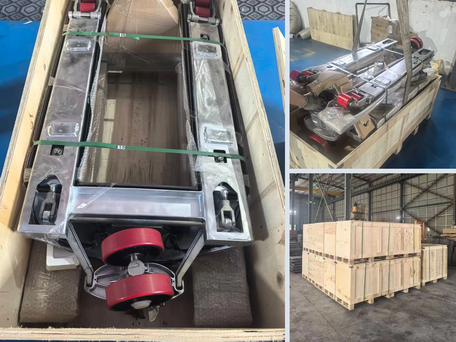 Authentic pallet jack scale export packing stages from open crate to finished wooden cases