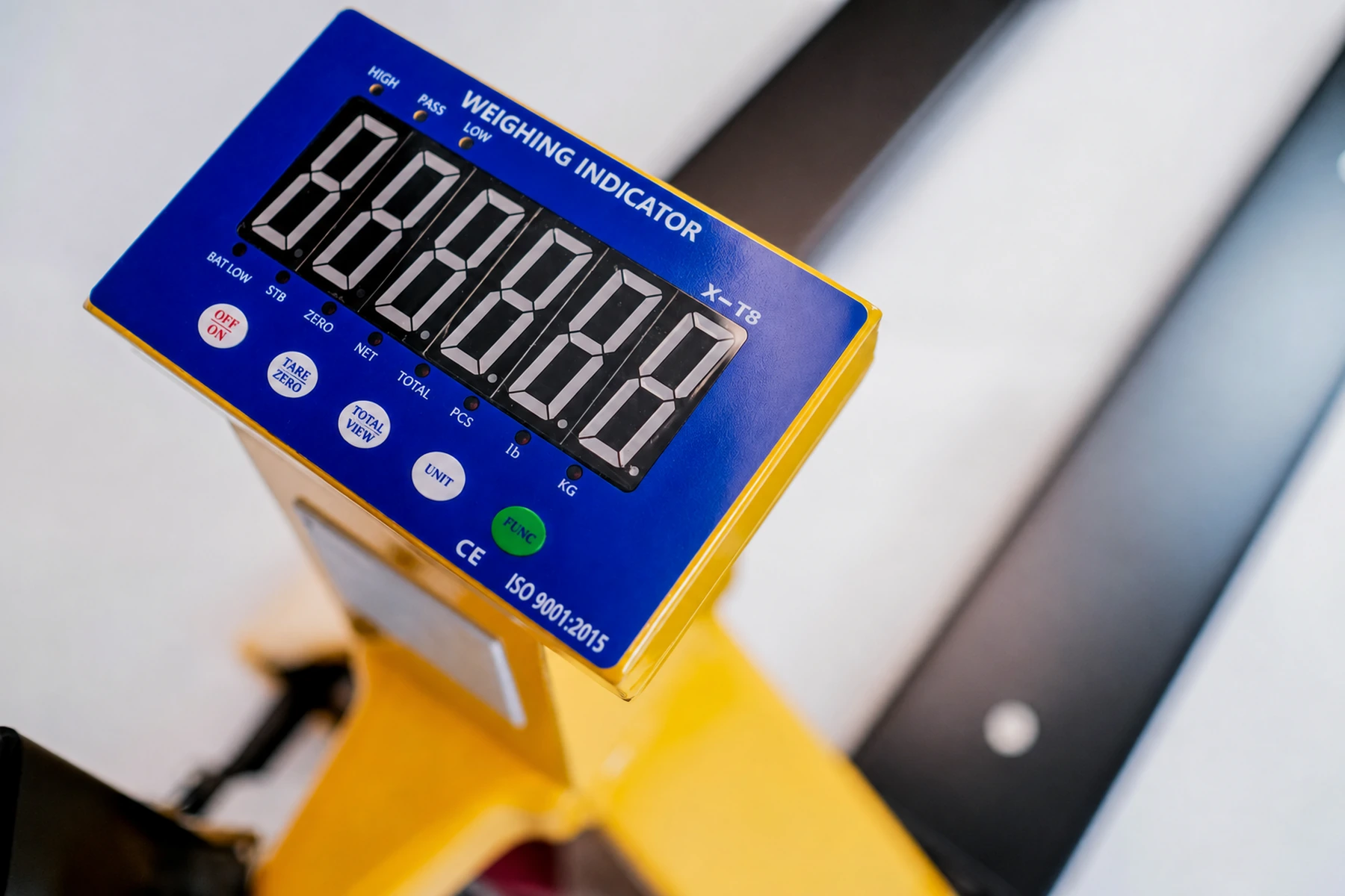 Authentic X-T8 pallet truck scale indicator with an English-language faceplate
