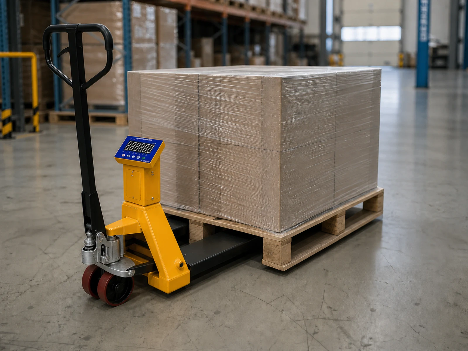 Application illustration of a yellow pallet jack scale entering a wrapped pallet load