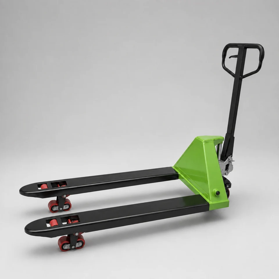 Green and black plain manual pallet truck configuration illustration