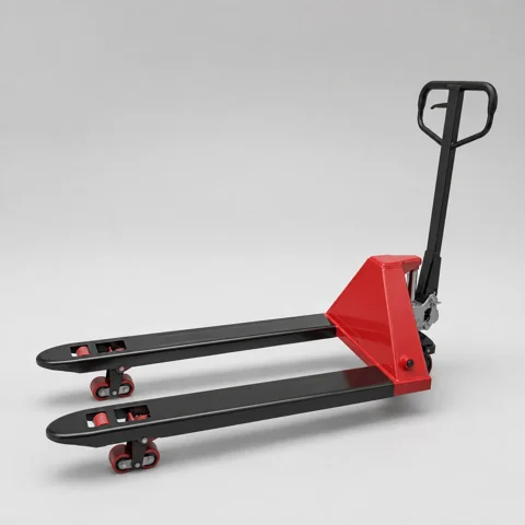 Red and black manual pallet truck configuration illustration