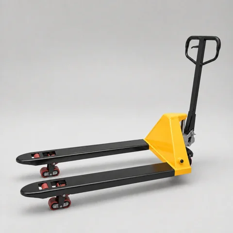 Yellow and black manual pallet truck configuration illustration