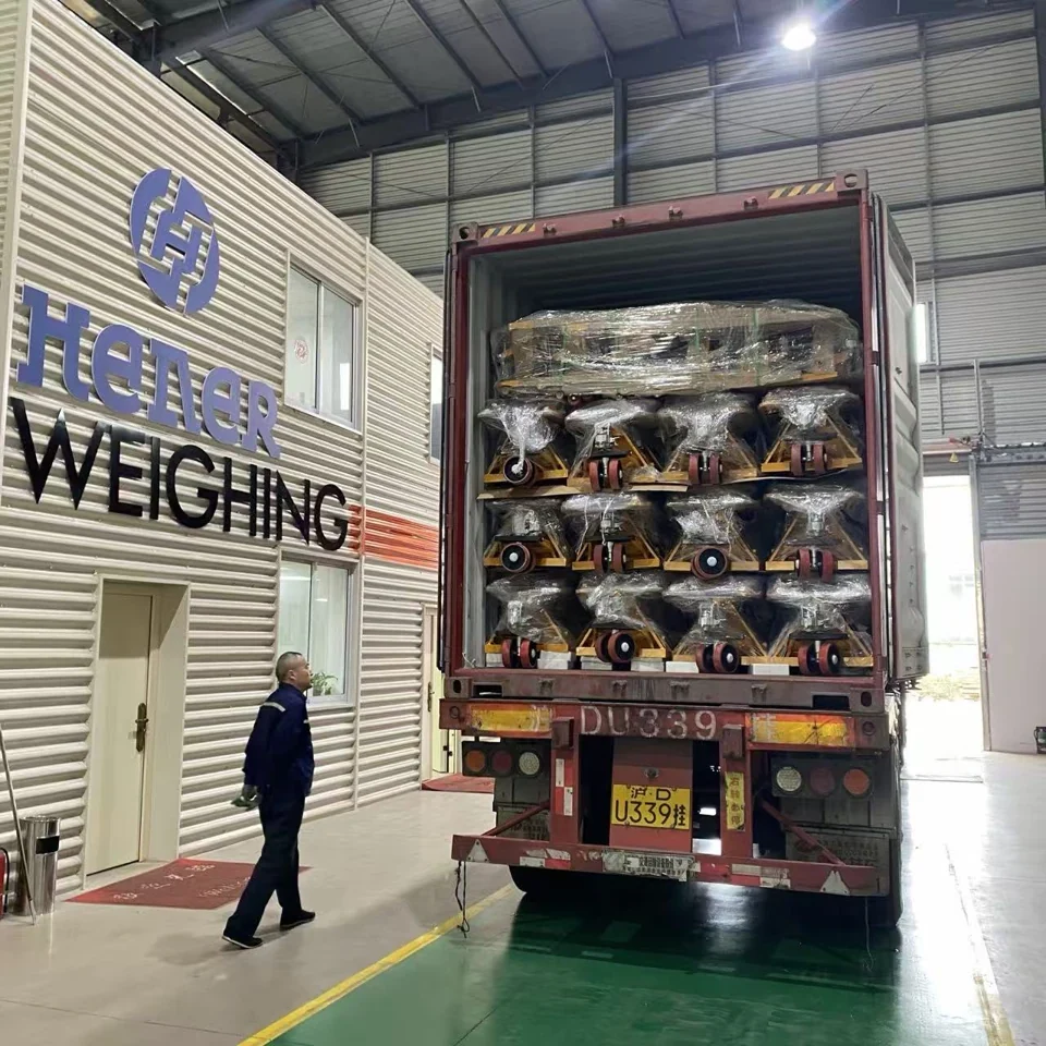 Wrapped pallet trucks stacked and secured inside a HENER export container